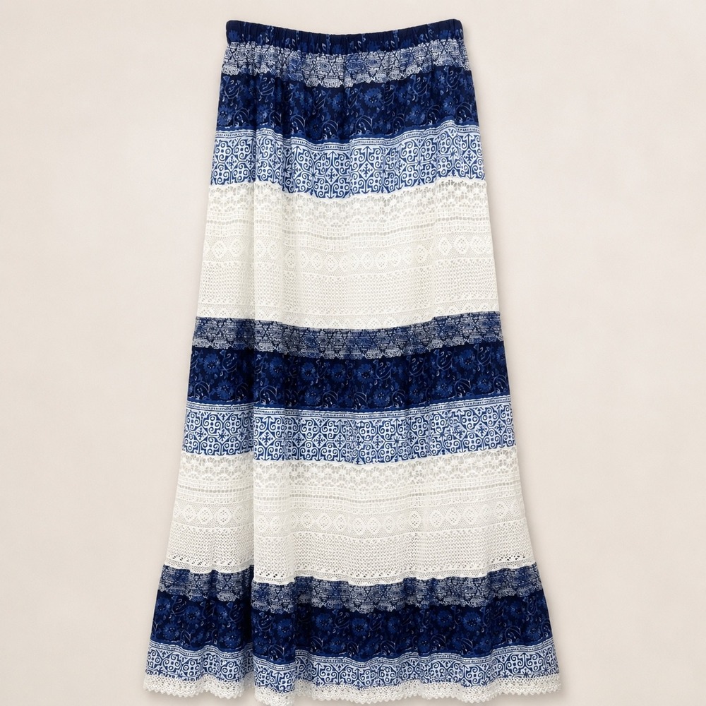 Cottagecore Crochet Lace Maxi Skirt Sz L Blue White Tiered Cotton Boho Prairie